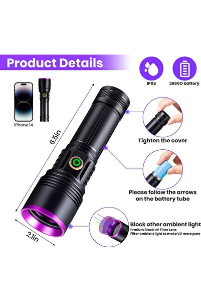 Micron 20W 365nm Profesyonel Güçlü Mor UV Işık El Feneri Evcil Hayvan İdrarı Tespiti, Para Kontrol feneri