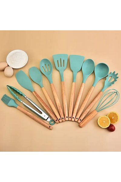 EveFix 12 Piece Bamboo Handle Silicone Ladle Spatula Practical Kitchen Set