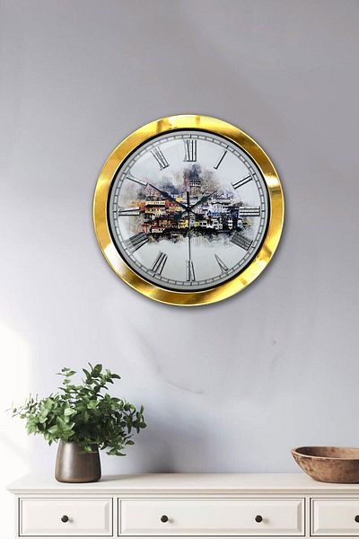 Kasva Concept Gift 36 cm Gold Metal Istanbul Wall Clock