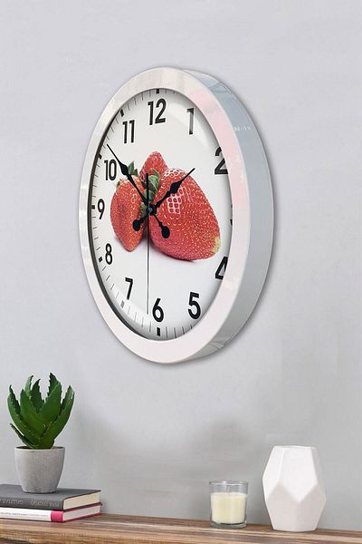 Kasva Concept Cadou 36 Cm Ceas de Perete Metal Alb Căpșuni