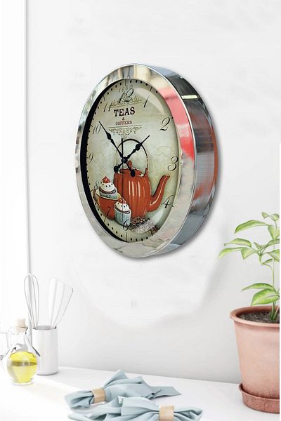 Kasva Concept 36 cm Chrome Metal Kitchen Teapot Wall Clock