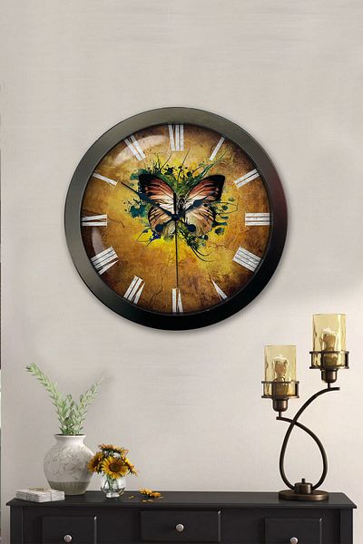 Kasva Concept Gift 36 cm Black Metal Butterfly Wall Clock