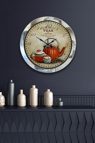 Kasva Concept 36 cm Chrome Metal Kitchen Teapot Wall Clock