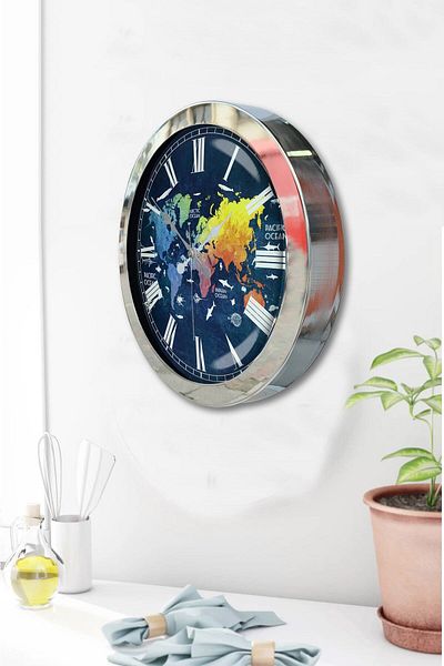 Kasva Concept Gift 36 cm Chrome Metal Color World Map Wall Clock