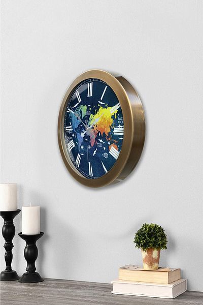 Kasva Concept Gift 36 cm Antique Metal Color World Map Wall Clock