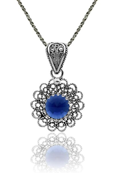 Roza Silver Aralık Mavi Topaz Doğum Taşı Çiçek Motifli Telkari Gümüş Kolye