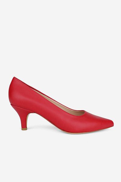 TUNAELLİ Women's Red Leather Short Heeled Stiletto Shoes, Size 35-41