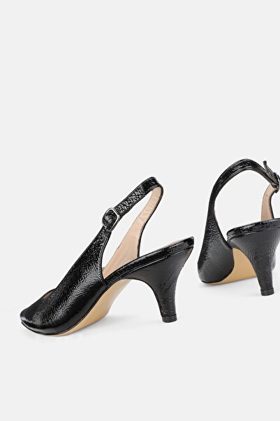 TUNAELLİ Black Patent Leather - Genuine Natural Leather, Size 35-41 Heels, Open Back Shoes