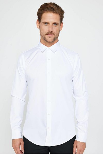 Tudors Λευκό Lycra Slim Fit Ανδρικό πουκάμισο - Μακρυμάνικο, Μασίφ Stretch