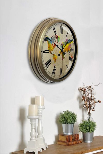 Kasva Concept 40 cm Antique Metal World Map Wall Clock