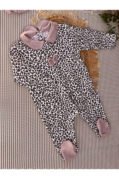tinitins Leopard Patterned Baby Girl Jumpsuit - Collar and Bow Detail