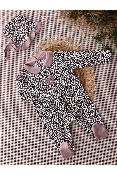 tinitins Leopard Patterned Baby Girl Jumpsuit - Collar and Bow Detail