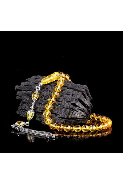 Tesbihsepetim Silver Tasseled Enameled Rosary - Facet Cut, Drop Amber