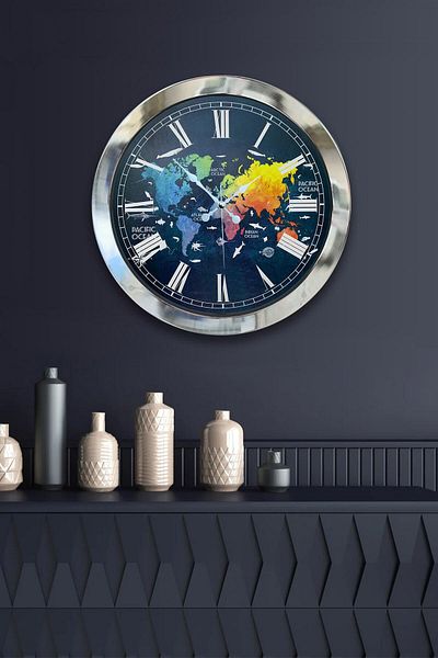 Kasva Concept Gift 36 cm Chrome Metal Color World Map Wall Clock
