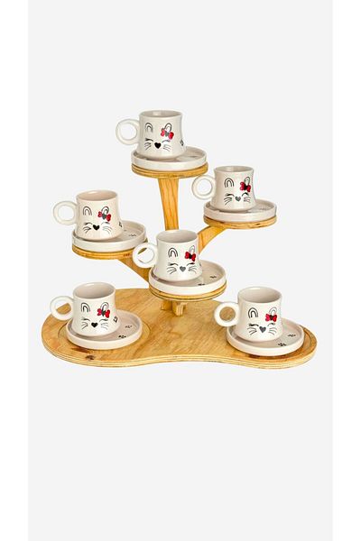 Gezdikçe Bilelim 6-Piece Set Cat Patterned Handmade Boiler Ceramic Coffee Cup, Coffee Cup