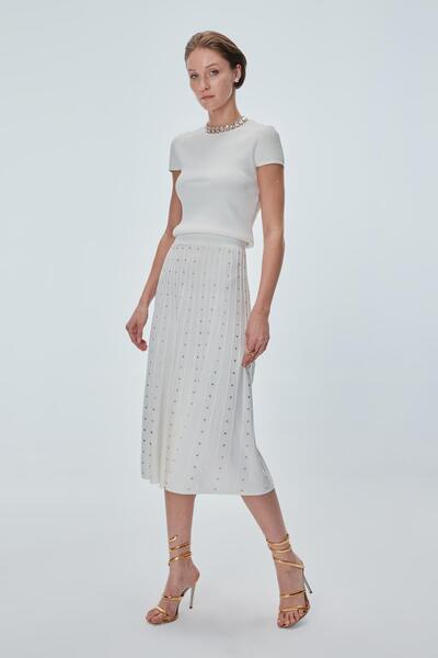 JOIN US Taş Baskılı Pileli Ekru Midi Etek