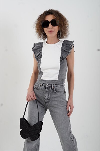 Zelish My Sister Μπλούζα με τζιν βολάν με μανίκια ανθρακί