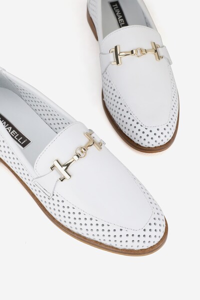 TUNAELLİ White Genuine Natural Leather Women's Ballerinas - Size 35-41 with Buckle