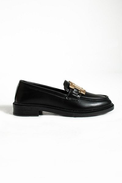 Gökçe Shoes Women's Loafer - Black Matte Metal, Thick Buckle Detailed Shoes