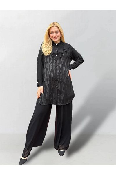 FUAT GÜRSEN Fuat Gürşen Leaf Patterned Large Size Chiffon Tunic
