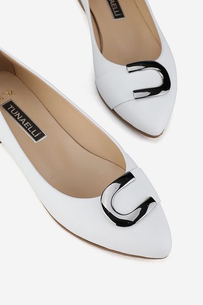 TUNAELLİ White Genuine Natural Leather Women's Ballerinas - Size 36-41 with Buckle