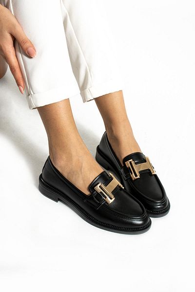 Gökçe Shoes Women's Loafer - Black Matte Metal, Thick Buckle Detailed Shoes