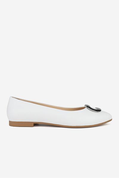 TUNAELLİ White Genuine Natural Leather Women's Ballerinas - Size 36-41 with Buckle