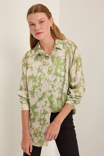 Bigdart Cămașă de damă din satin oversize cu model verde bej - 3985