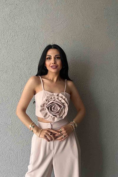 Seda Yalçın Atelier Beige Bustier with Straps - Rose Detail