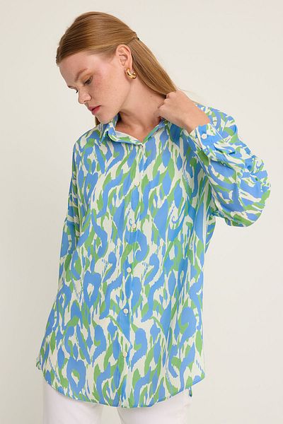 Bigdart Blue Green Patterned Oversize Satin Women's Shirt - 3985