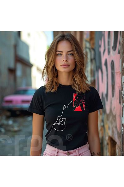 Crea Eymer Wear Μπλουζάκι από 100% βαμβακερό λαιμό ποδηλάτου με μαύρο σχέδιο κιθάρας