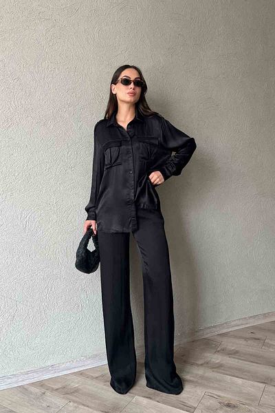 Seda Yalçın Atelier Black Satin Button Detailed Shirt Pants Set
