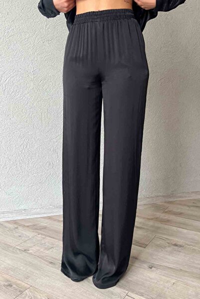 Seda Yalçın Atelier Black Satin Button Detailed Shirt Pants Set