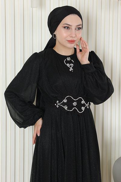 Modamihram Pearl Detailed Draped Glittery Evening Dress Black 19189