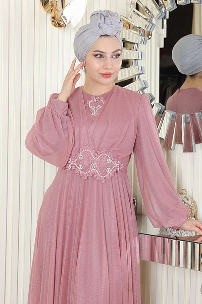 Modamihram Pearl Detailed Draped Glittery Evening Dress Dusty Rose 19189