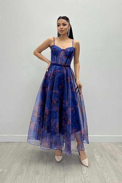 giyimmasalı Strappy Midi Organza Φόρεμα - ΜΠΛΕ