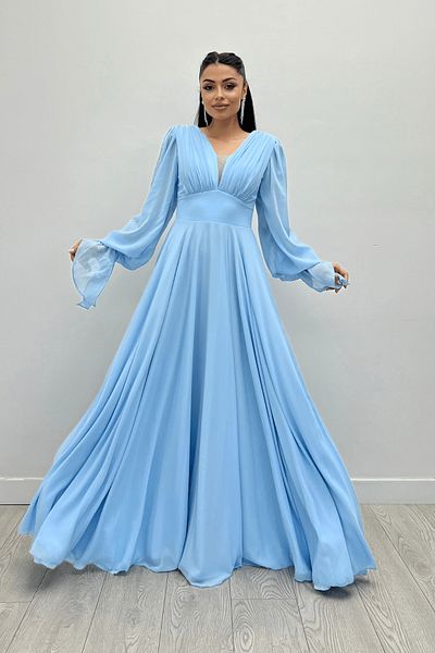 giyimmasalı Rochie maxi din șifon cu decolteu în V - ICE BLUE