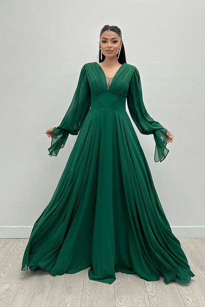 giyimmasalı V-Neck Gather Detailed Chiffon Maxi Dress - EMERAL GREEN