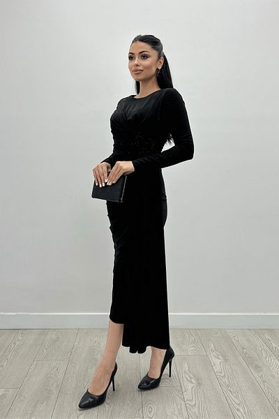 giyimmasalı Jewelled Detailed Jersey Draped Black Dress