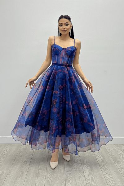 giyimmasalı Strappy Midi Organza Φόρεμα - ΜΠΛΕ
