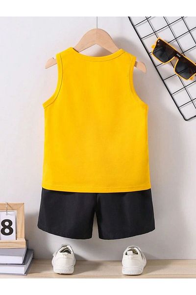 LOUİSA Boy's Yellow Cool Smiling Face Printed Zero Sleeve T-Shirt-Shorts Set