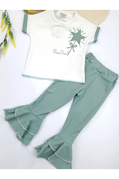 Butik Girl's Trousers T-Shirt Two-Piece Suit Spanish Leg Embroidery Detail Water Green Pink Purple Color Option