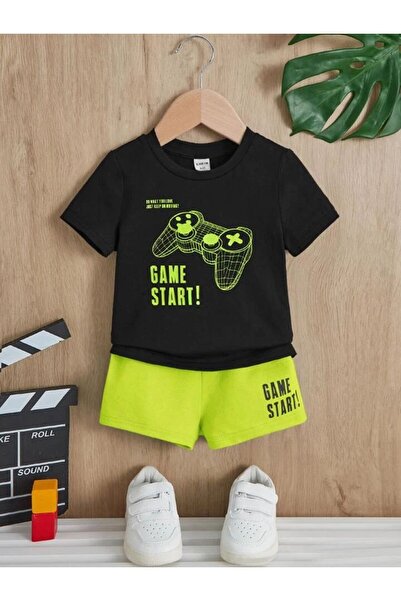LOUİSA Boy's Black Neon Green Game Start!Printed Shorts-T-Shirt Set