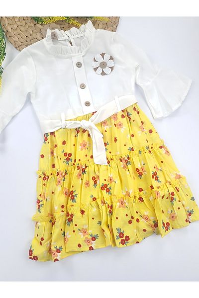 Butik Rochie pentru fete Imprimare cu flori Detaliată Fundă Piept Floral Crestă Galben Roz Opțiuni de culoare