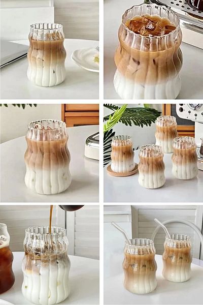 Madamev 4-Piece Gourd and Glass Set - Latte Glass Straw, Scandinavian Twist Style, Coffee Cocktail Presentation Cup 400ml