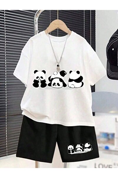 MORNİNG KİDS Set de tricou și pantaloni scurți cu imprimeu panda pentru fetiță