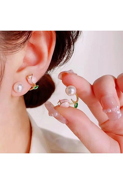 Takıtolia Rosella - Gold Colored Pearl Stone Rose Figured Stylish Design Earrings