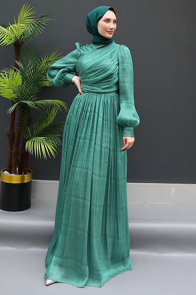 GİZ AGİYİM Rochie Hijab din Mătase Verde Inchis