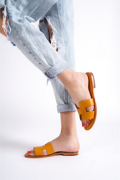 DaphneSandals Handmade Genuine Leather Yellow Women's Slippers - 2108