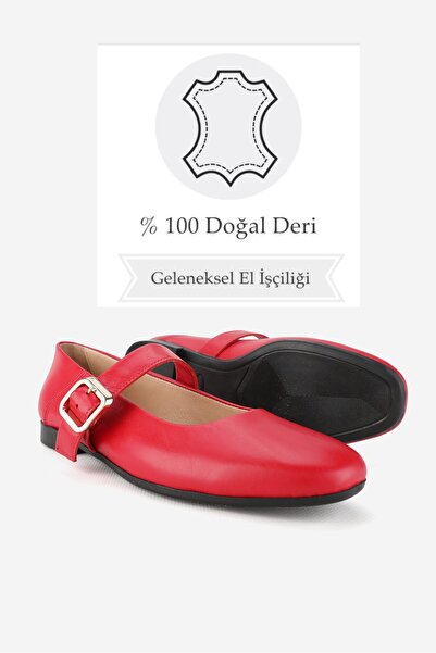 TUNAELLİ Women's Red Natural Leather - Size 34-35-41-42 Banded Ballerinas